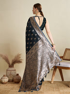 Vedant Vastram Soft Litchi SIlk Banarasi Silk Jacquard Saree - Navy Blue