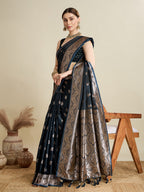 Vedant Vastram Soft Litchi SIlk Banarasi Silk Jacquard Saree - Navy Blue