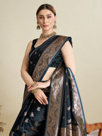Vedant Vastram Soft Litchi SIlk Banarasi Silk Jacquard Saree - Navy Blue