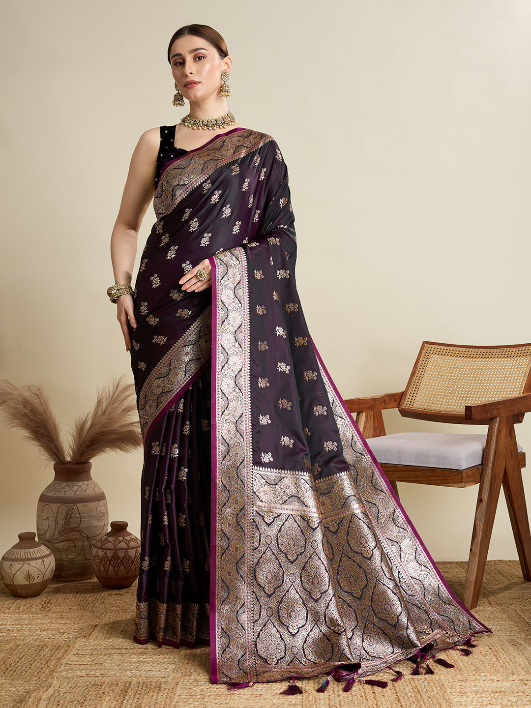 Vedant Vastram Soft Litchi SIlk Banarasi Silk Jacquard Saree - Wine