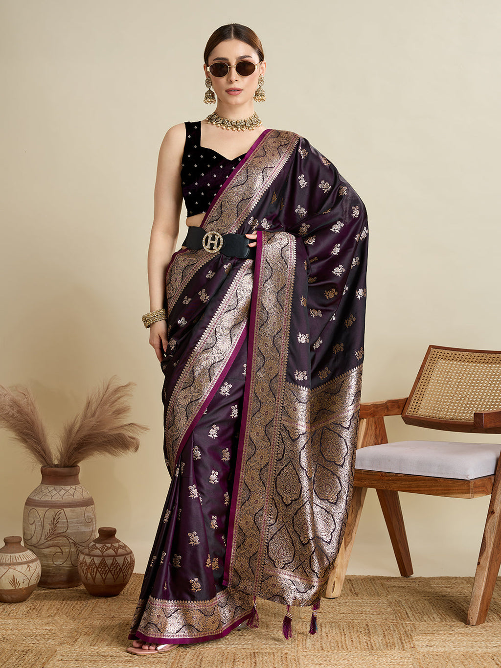 Vedant Vastram Soft Litchi SIlk Banarasi Silk Jacquard Saree - Wine