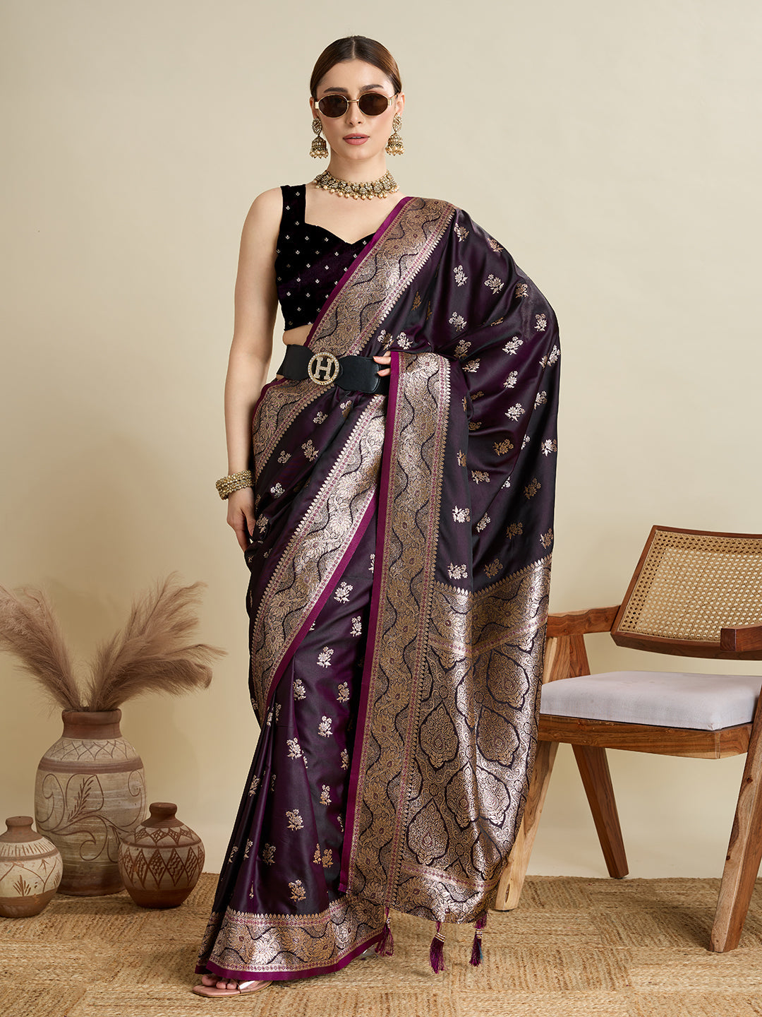 Vedant Vastram Soft Litchi SIlk Banarasi Silk Jacquard Saree - Wine