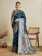 Vedant Vastram Soft Litchi SIlk Banarasi Silk Jacquard Saree - Firozi