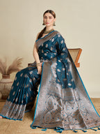Vedant Vastram Soft Litchi SIlk Banarasi Silk Jacquard Saree - Firozi