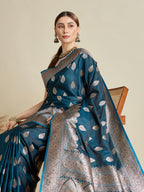 Vedant Vastram Soft Litchi SIlk Banarasi Silk Jacquard Saree - Firozi