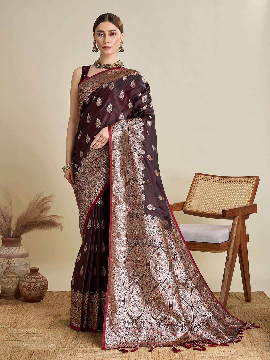 Vedant Vastram Soft Litchi SIlk Banarasi Silk Jacquard Saree - Maroon