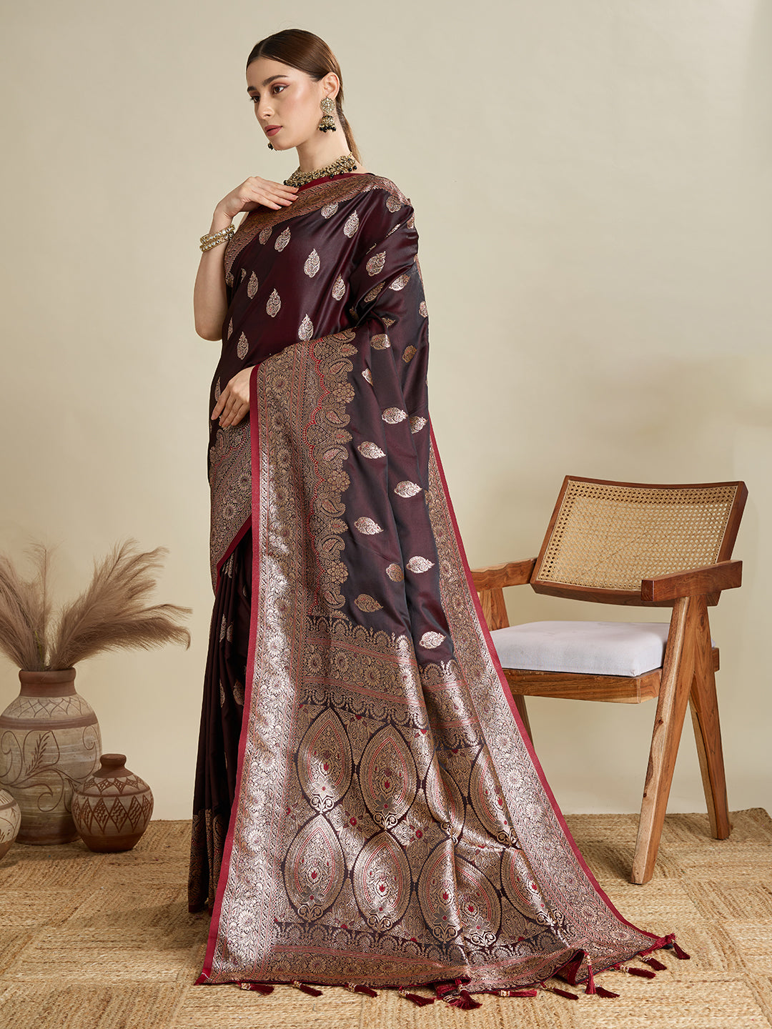 Vedant Vastram Soft Litchi SIlk Banarasi Silk Jacquard Saree - Maroon
