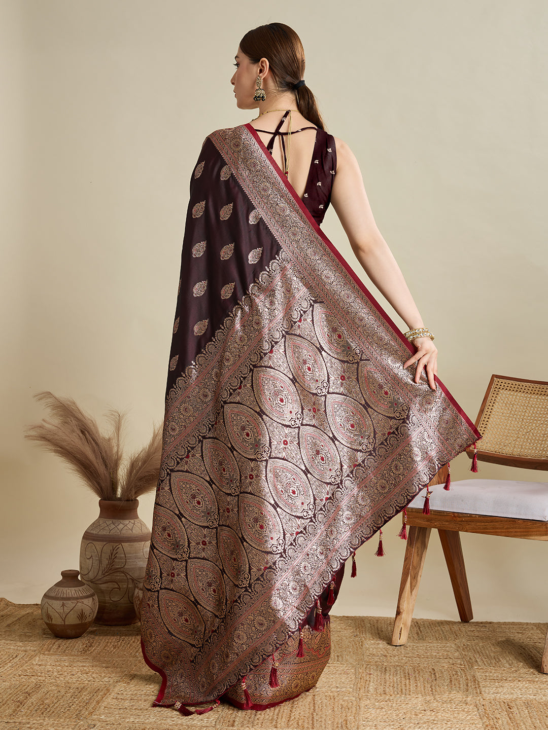 Vedant Vastram Soft Litchi SIlk Banarasi Silk Jacquard Saree - Maroon