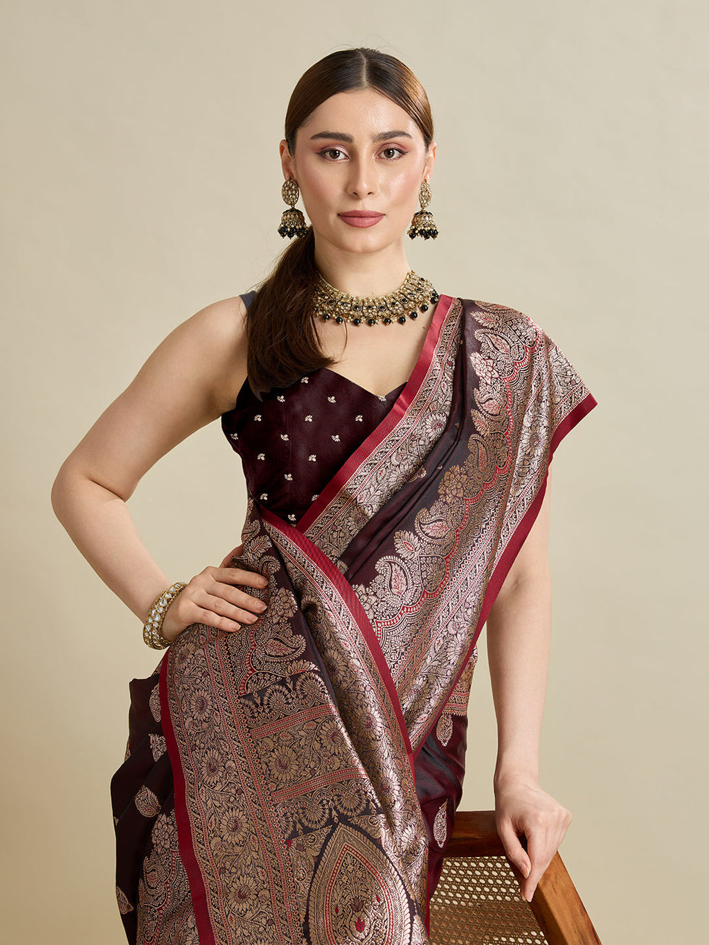Vedant Vastram Soft Litchi SIlk Banarasi Silk Jacquard Saree - Maroon