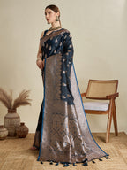 Vedant Vastram Soft Litchi SIlk Banarasi Silk Jacquard Saree - Navy Blue