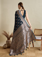 Vedant Vastram Soft Litchi SIlk Banarasi Silk Jacquard Saree - Navy Blue