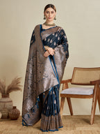 Vedant Vastram Soft Litchi SIlk Banarasi Silk Jacquard Saree - Navy Blue