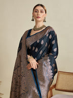 Vedant Vastram Soft Litchi SIlk Banarasi Silk Jacquard Saree - Navy Blue