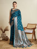 Vedant Vastram Soft Litchi SIlk Banarasi Silk Jacquard Saree - Firozi