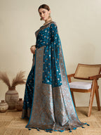 Vedant Vastram Soft Litchi SIlk Banarasi Silk Jacquard Saree - Firozi