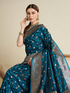 Vedant Vastram Soft Litchi SIlk Banarasi Silk Jacquard Saree - Firozi