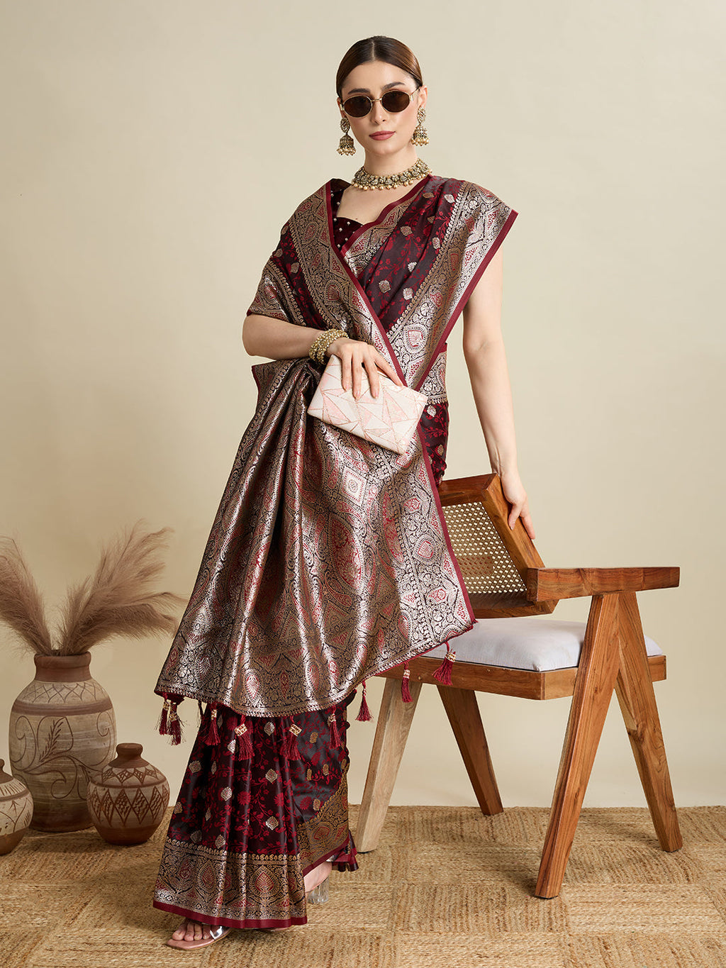 Vedant Vastram Soft Litchi SIlk Banarasi Silk Jacquard Saree - Maroon