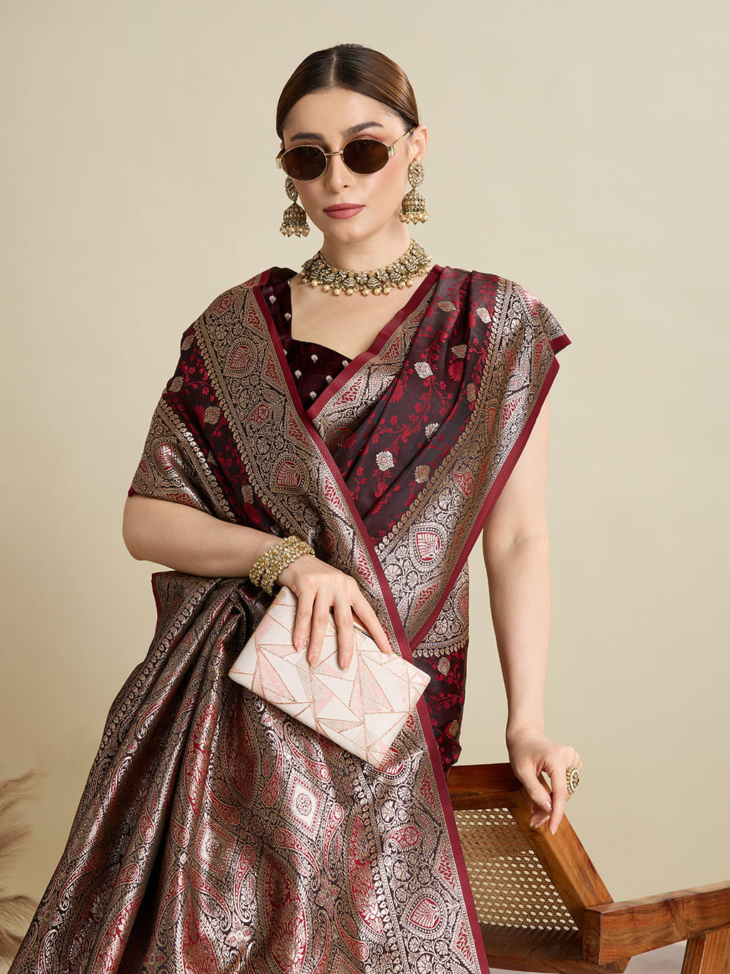 Vedant Vastram Soft Litchi SIlk Banarasi Silk Jacquard Saree - Maroon