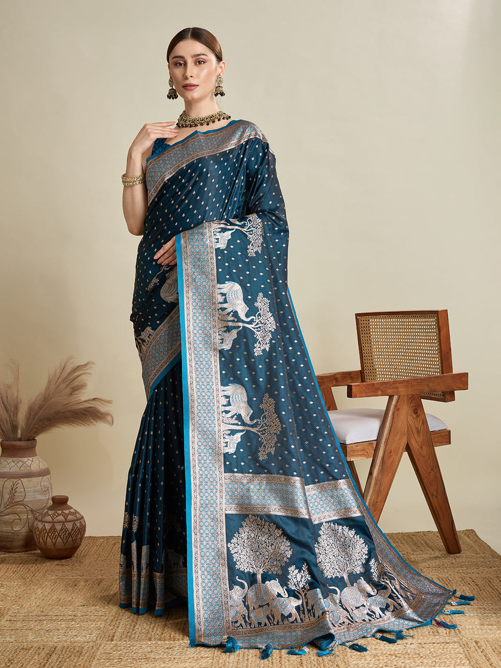 Vedant Vastram Soft Litchi SIlk Banarasi Silk Jacquard Saree - Firozi