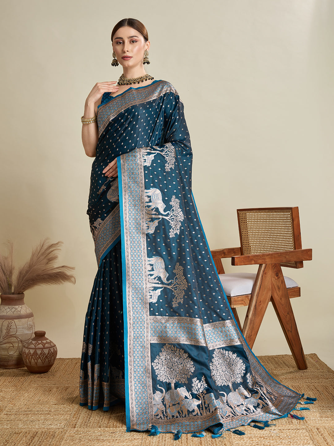 Vedant Vastram Soft Litchi SIlk Banarasi Silk Jacquard Saree - Firozi