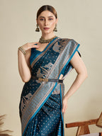 Vedant Vastram Soft Litchi SIlk Banarasi Silk Jacquard Saree - Firozi