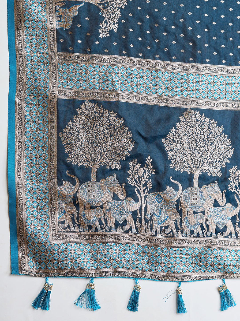 Vedant Vastram Soft Litchi SIlk Banarasi Silk Jacquard Saree - Firozi