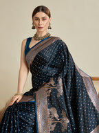 Vedant Vastram Soft Litchi SIlk Banarasi Silk Jacquard Saree - Navy Blue