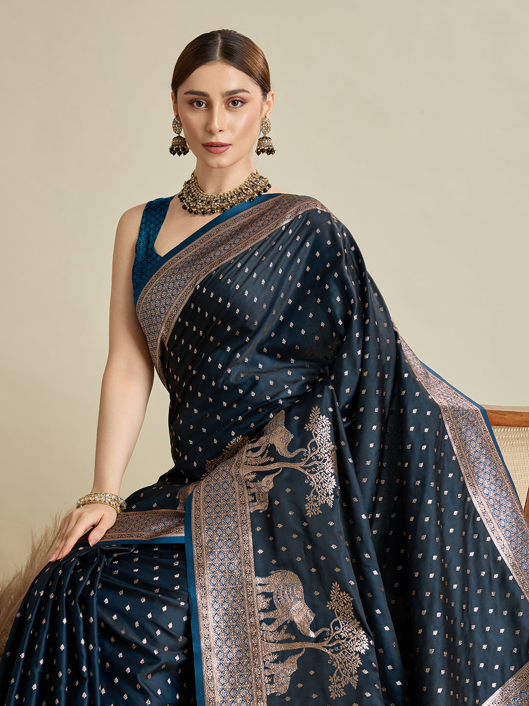 Vedant Vastram Soft Litchi SIlk Banarasi Silk Jacquard Saree - Navy Blue