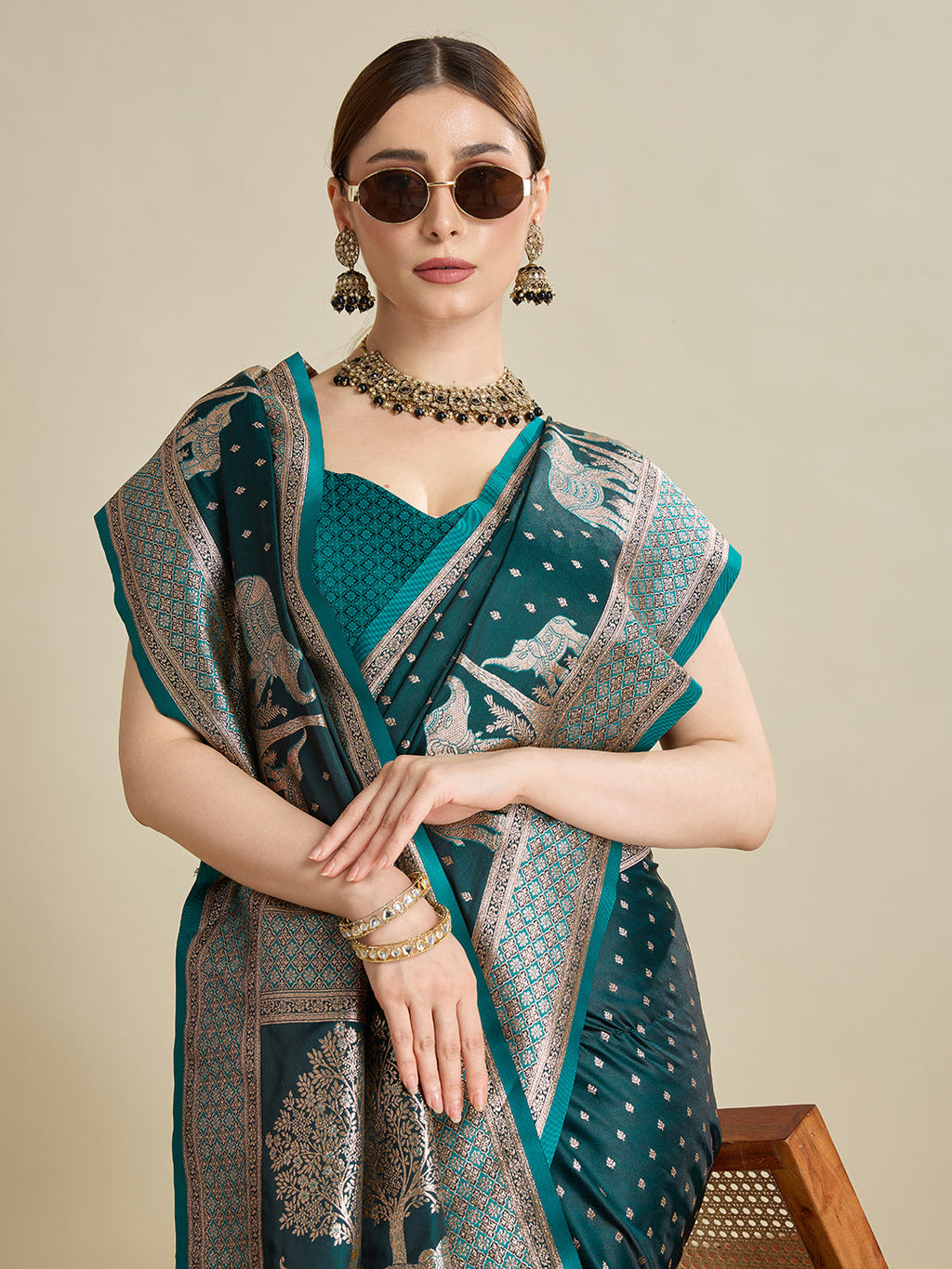 Vedant Vastram Soft Litchi SIlk Banarasi Silk Jacquard Saree - Rama