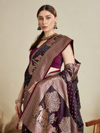 Vedant Vastram Soft Litchi SIlk Banarasi Silk Jacquard Saree - Wine