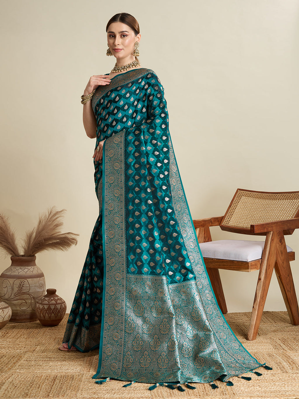 Vedant Vastram Soft Litchi SIlk Banarasi Silk Jacquard Saree - Firozi