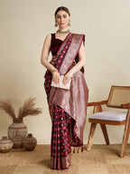 Vedant Vastram Soft Litchi SIlk Banarasi Silk Jacquard Saree - Maroon