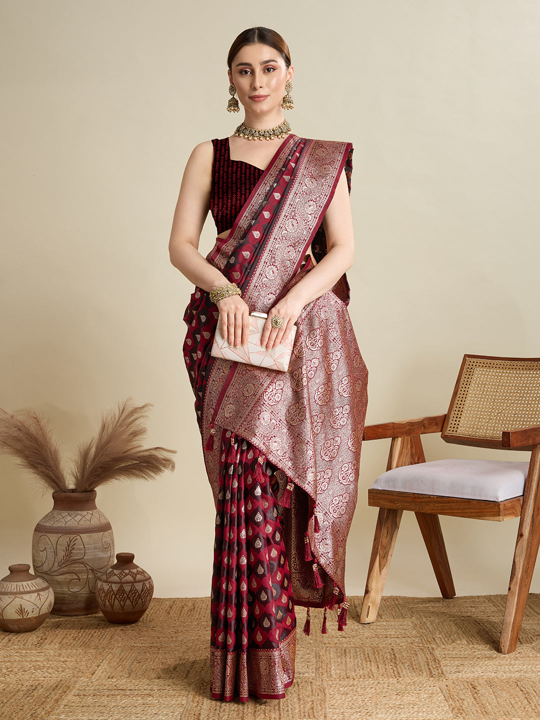 Vedant Vastram Soft Litchi SIlk Banarasi Silk Jacquard Saree - Maroon