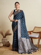 Vedant Vastram Soft Litchi SIlk Banarasi Silk Jacquard Saree - Navy Blue