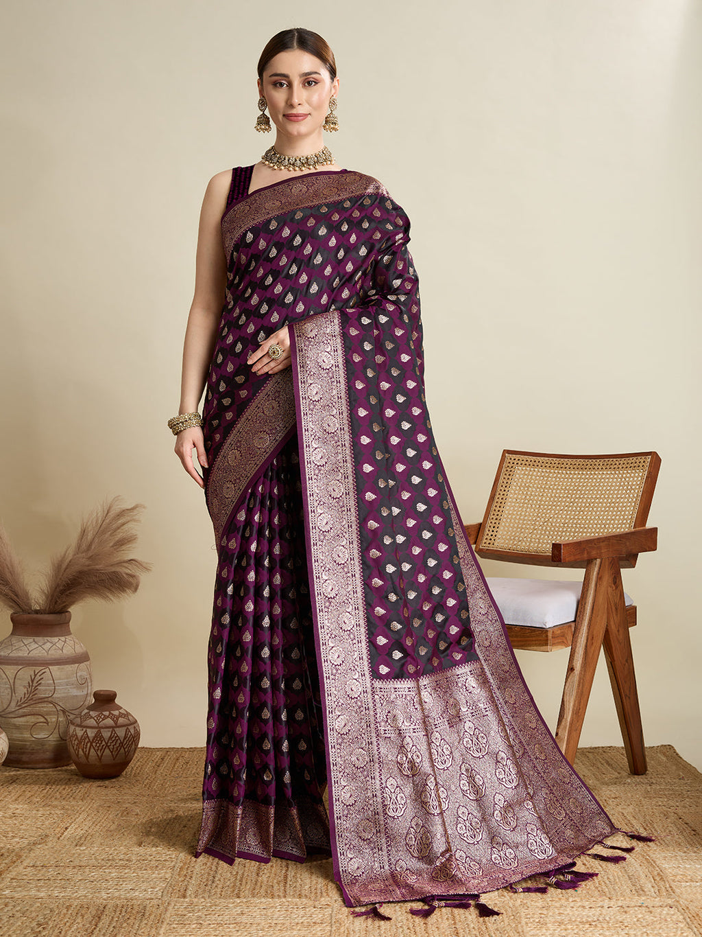 Vedant Vastram Soft Litchi SIlk Banarasi Silk Jacquard Saree - Wine