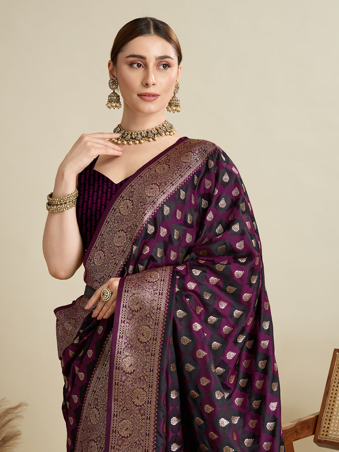Vedant Vastram Soft Litchi SIlk Banarasi Silk Jacquard Saree - Wine