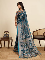 Vedant Vastram Soft Litchi Silk Paithani Jacquard Saree - Firozi