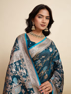 Vedant Vastram Soft Litchi Silk Paithani Jacquard Saree - Firozi
