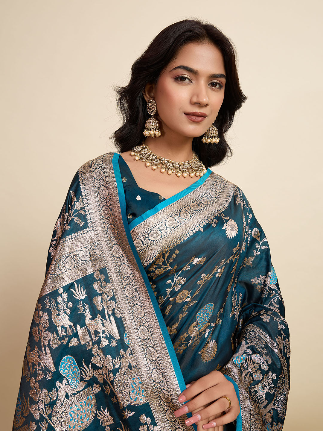 Vedant Vastram Soft Litchi Silk Paithani Jacquard Saree - Firozi