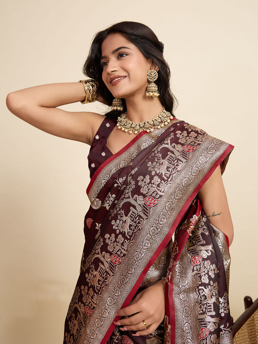 Vedant Vastram Soft Litchi Silk Paithani Jacquard Saree - Maroon