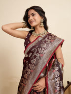 Vedant Vastram Soft Litchi Silk Paithani Jacquard Saree - Maroon