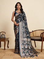 Vedant Vastram Soft Litchi Silk Paithani Jacquard Saree - Navy Blue
