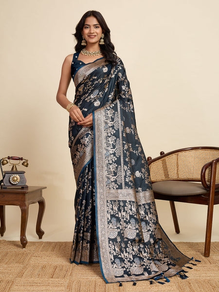 Vedant Vastram Soft Litchi Silk Paithani Jacquard Saree - Navy Blue