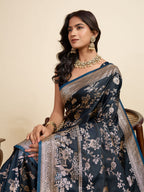 Vedant Vastram Soft Litchi Silk Paithani Jacquard Saree - Navy Blue
