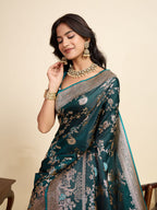 Vedant Vastram Soft Litchi Silk Paithani Jacquard Saree - Rama