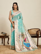 Vedant Vastram Cotton Silk Paithani Jacquard Saree - Aqua