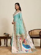 Vedant Vastram Cotton Silk Paithani Jacquard Saree - Aqua