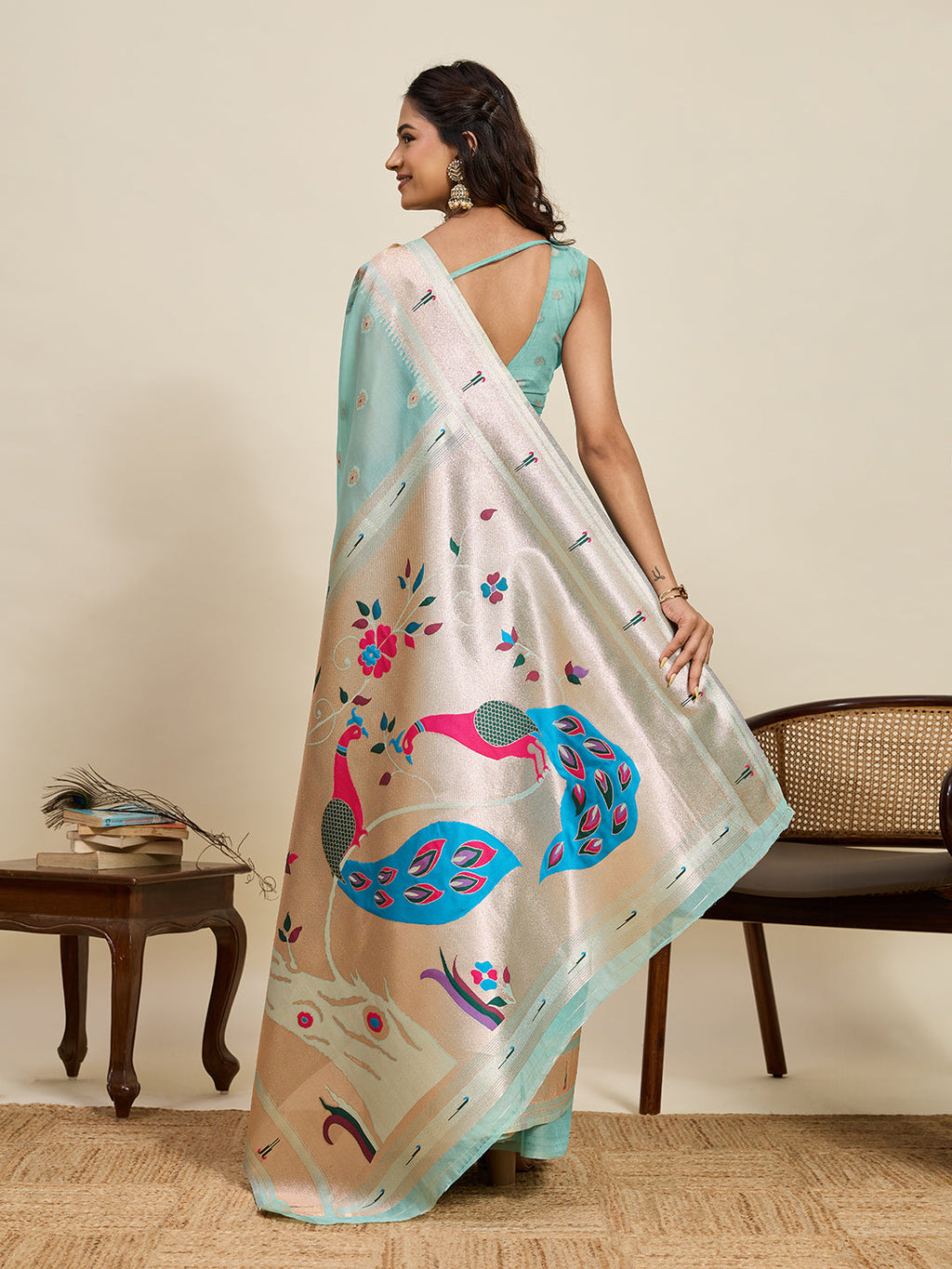 Vedant Vastram Cotton Silk Paithani Jacquard Saree - Aqua