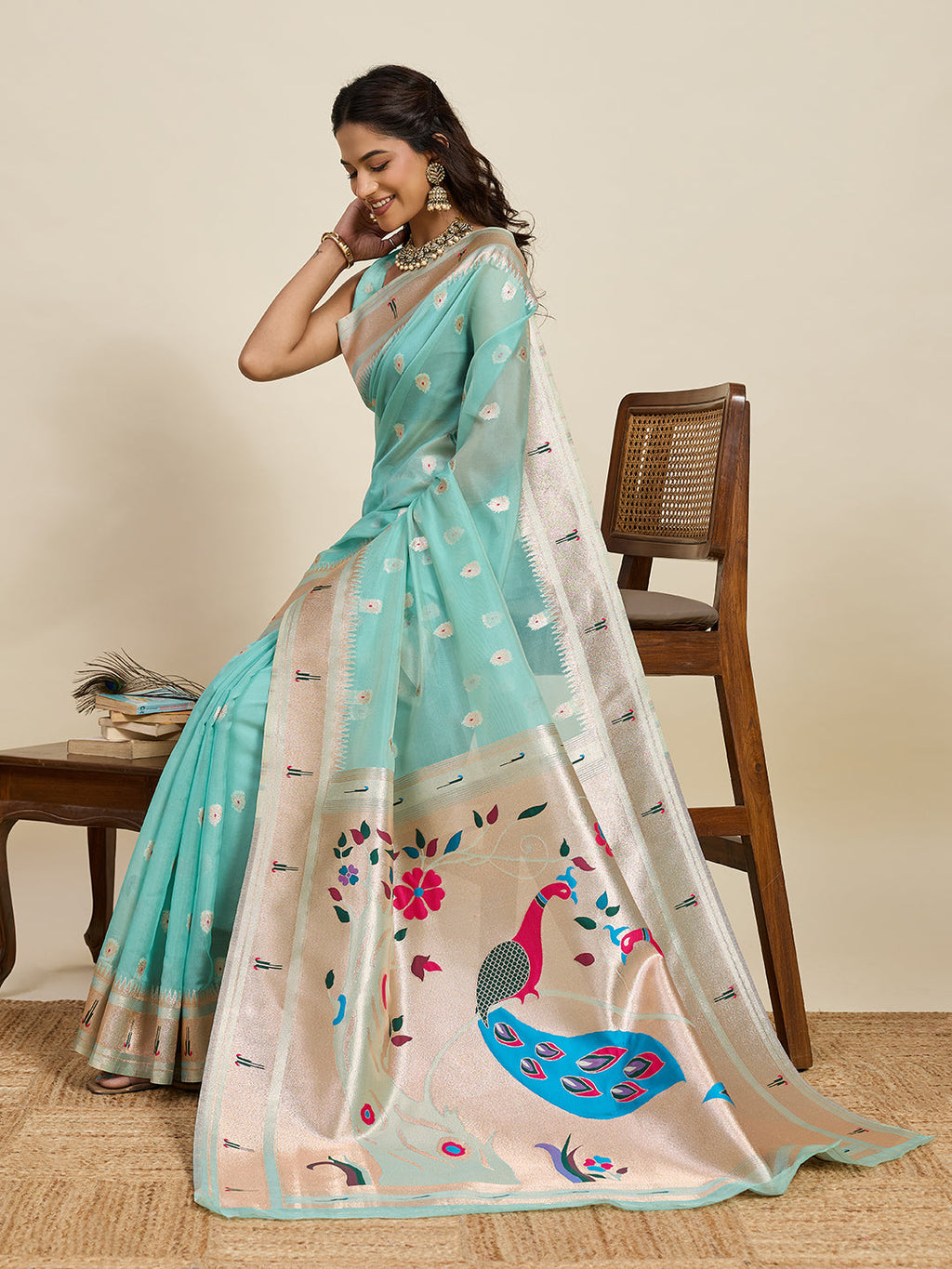 Vedant Vastram Cotton Silk Paithani Jacquard Saree - Aqua
