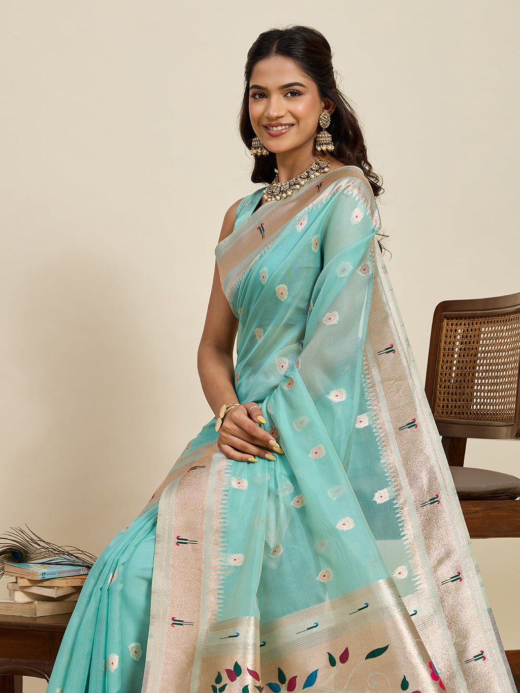 Vedant Vastram Cotton Silk Paithani Jacquard Saree - Aqua